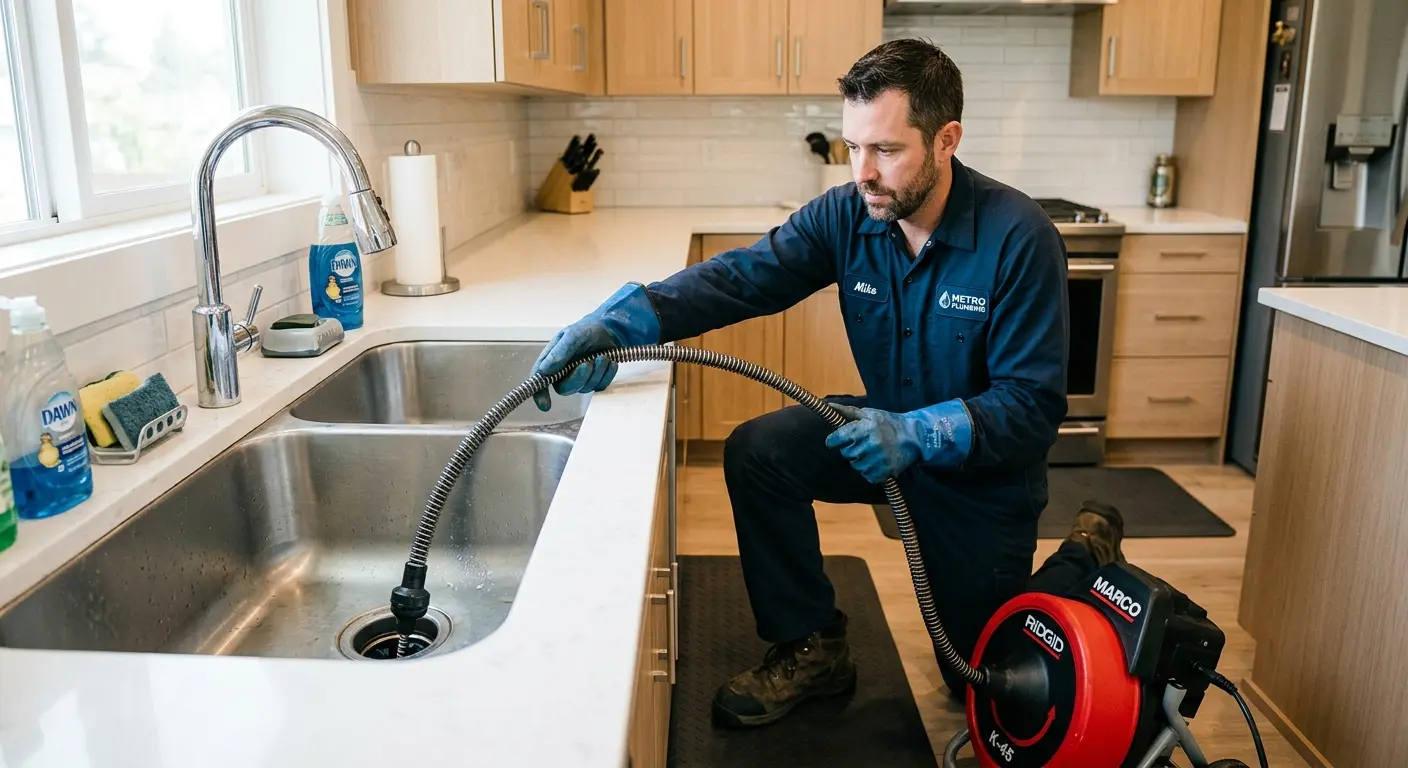 Drain cleaning technician using a motorized snake on a kitchen sink in Hewitt