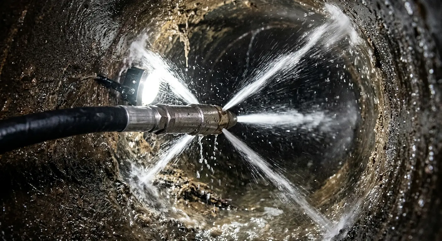 High-pressure hydro jetting nozzle cleaning sewer pipe for Trenchless Sewer Repair in Hewitt