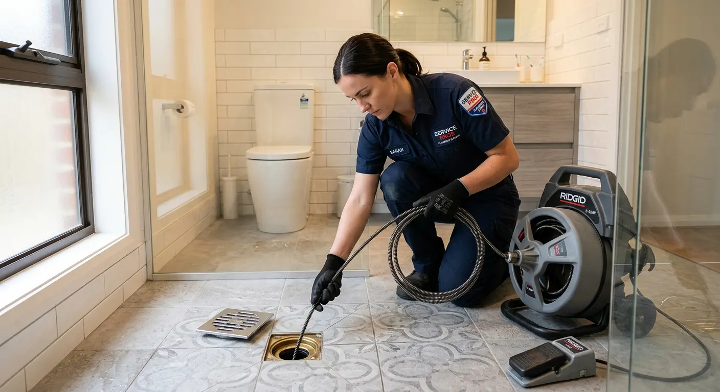 Technician clearing a bathroom floor drain for Clogged Drain Repair in Hewitt
